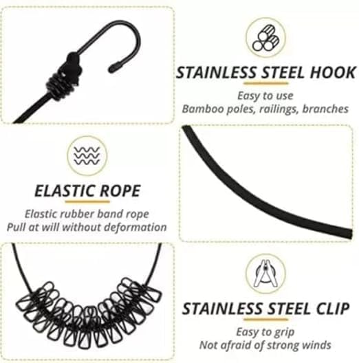 Nibbler Cloth Drying Rope with Hooks - Elastic Hanging Rope for Travel, Home, and Outdoor Drying - Includes 12 Clips-Kapde Sukhane ki Rassi Wire - Multicolour (1) - Image 4
