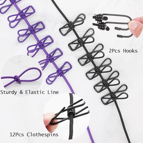 Nibbler Cloth Drying Rope with Hooks - Elastic Hanging Rope for Travel, Home, and Outdoor Drying - Includes 12 Clips-Kapde Sukhane ki Rassi Wire - Multicolour (1) - Image 3