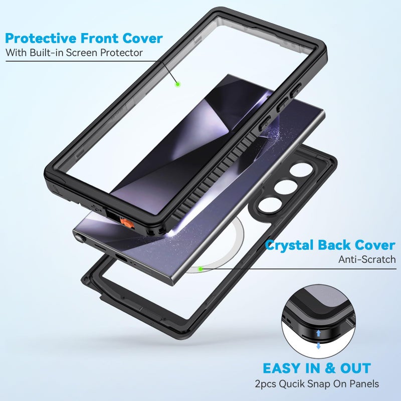 Lanhiem Magnetic for Samsung Galaxy S24 Ultra Case, IP68 Waterproof Dustproof, Built-in Screen Protector, Rugged Full Body Shockproof Cover for Galaxy S24 Ultra 5G 6.8 Inch, Black/Clear - Image 3
