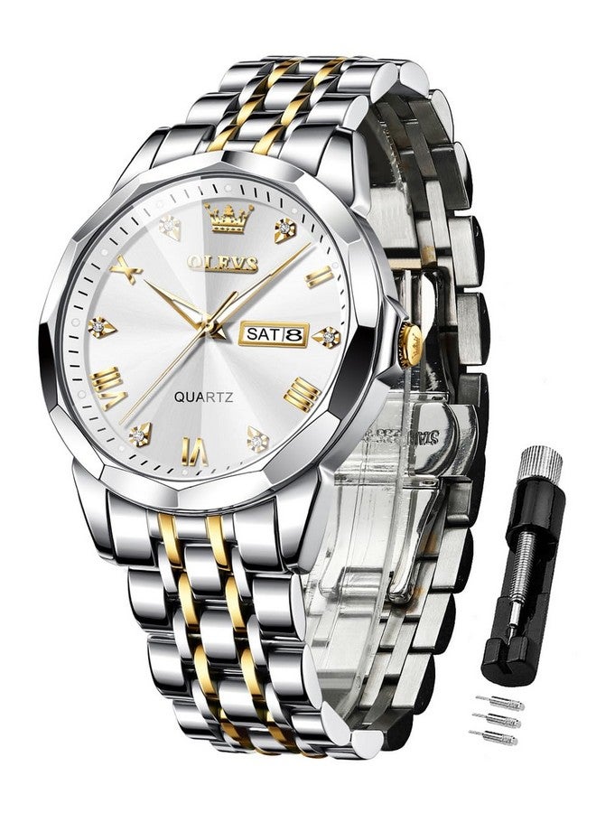 أوليفز ساعة  للرجال أنالوج كوارتز رسمية مرصعة بالألماس ساعات عمل ثنائية اللون من الفولاذ المقاوم للصدأ مقاومة للماء مضيئة بمؤشر تاريخ ساعة يد فاخرة باللونين الذهبي والأبيض - Image 1