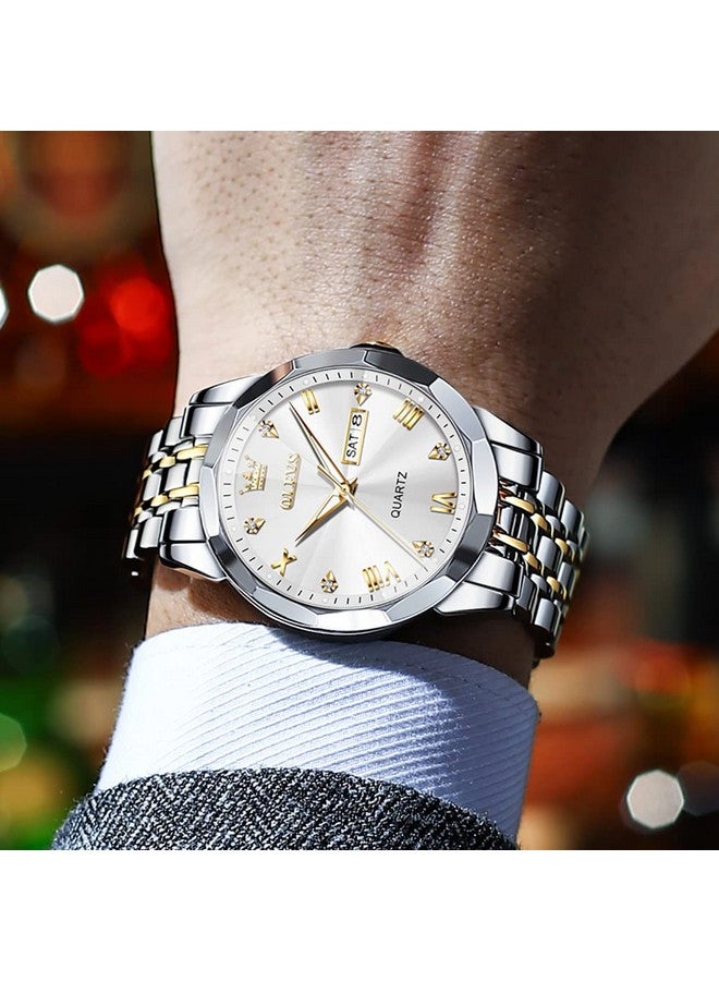 أوليفز ساعة  للرجال أنالوج كوارتز رسمية مرصعة بالألماس ساعات عمل ثنائية اللون من الفولاذ المقاوم للصدأ مقاومة للماء مضيئة بمؤشر تاريخ ساعة يد فاخرة باللونين الذهبي والأبيض - Image 4