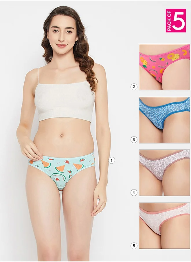 كلوفيا Clovia Pack of 5 Low Waist Printed Bikini Panty - Cotton