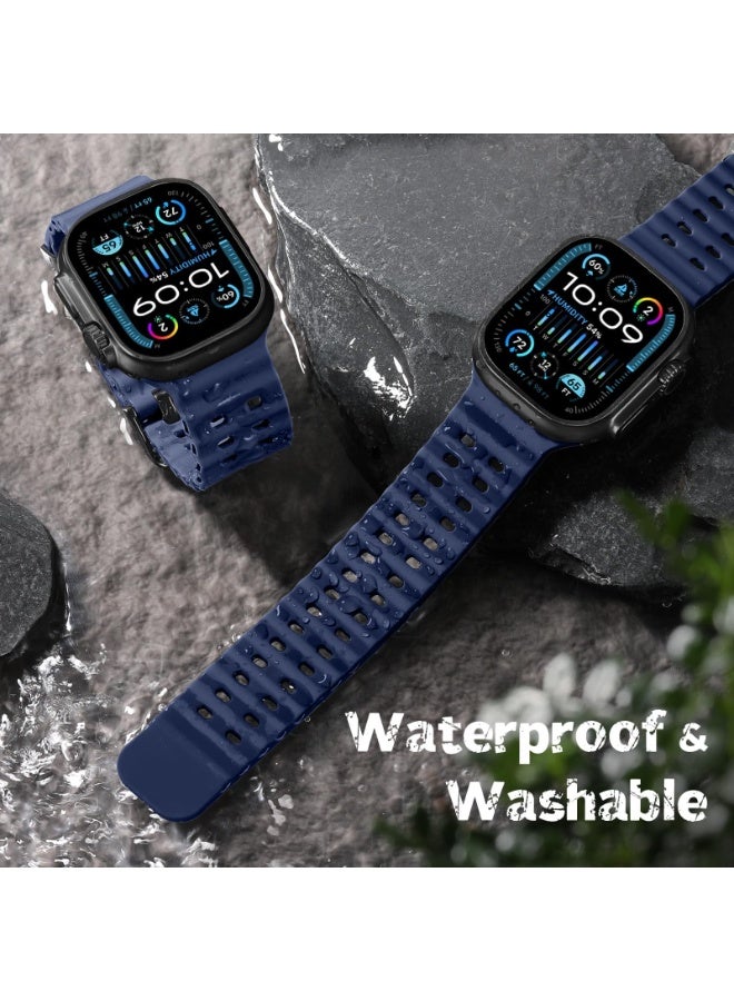 شيك فايب سوار رياضي من السيليكون متوافق مع ساعات أبل ألترا 3/ألترا 2/ألترا 49 مم، إس 11/إس 10 46 مم، إس 9/إس 8/إس 7 45 مم، إس إي 3/إس إي 2/إس إي/إس 6/إس 5/إس 4 44 مم، إس 3/إس 2/إس 1 42 مم، سوار مناسب للرجال والنساء - سوار خارجي ناعم من السيليكون يسمح بمرور الهواء، سوار رياضي قابل للتعديل يسمح بمرور الهواء (أزرق داكن) - Image 2