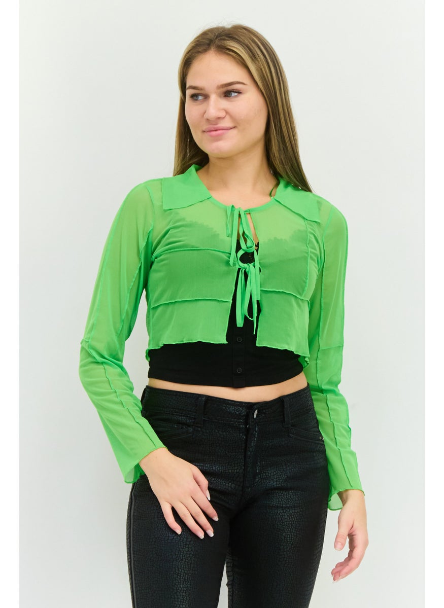 TOPSHOP Women Tie Neck Long Sleeve Textured Top, Green  - Image 1