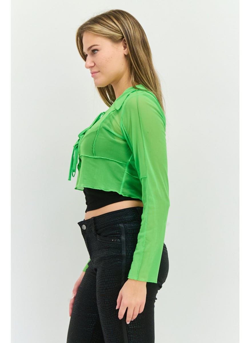 TOPSHOP Women Tie Neck Long Sleeve Textured Top, Green  - Image 2