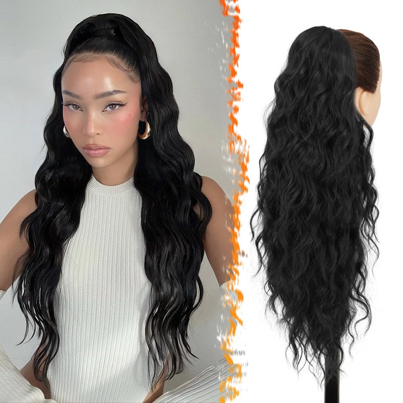 BARSDAR Black Ponytail Extensions - Drawstring Ponytails for Women 26 Inch Long Wavy Pony Tails Hair Extensions, Synthetic Clip in Pony Tails Hairpieces Fake Ponytails - Black - Image 1