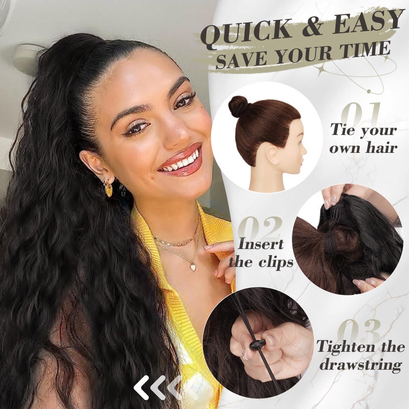 BARSDAR Black Ponytail Extensions - Drawstring Ponytails for Women 26 Inch Long Wavy Pony Tails Hair Extensions, Synthetic Clip in Pony Tails Hairpieces Fake Ponytails - Black - Image 5