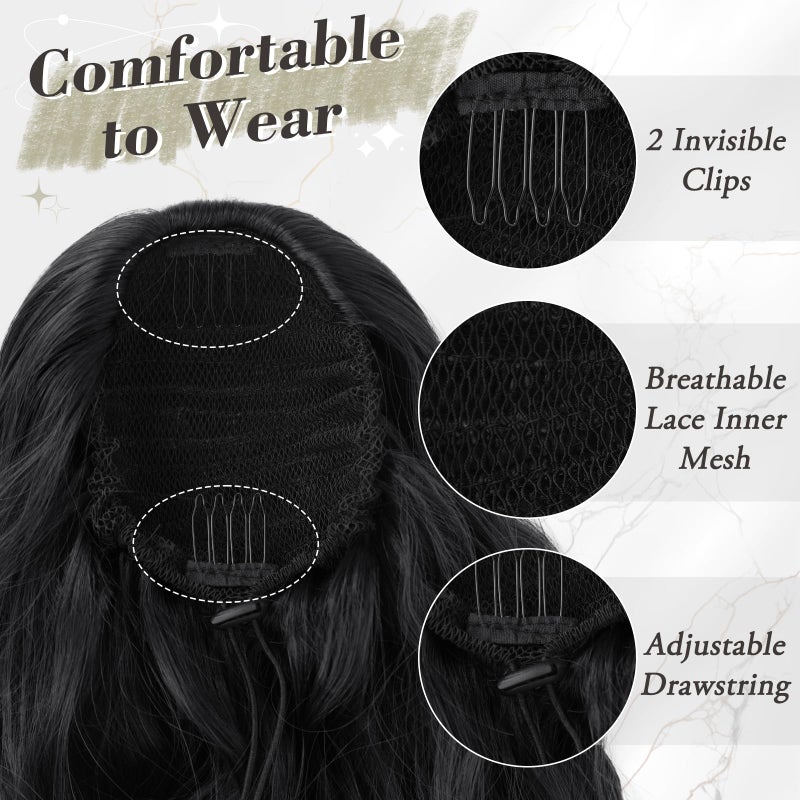 BARSDAR Black Ponytail Extensions - Drawstring Ponytails for Women 26 Inch Long Wavy Pony Tails Hair Extensions, Synthetic Clip in Pony Tails Hairpieces Fake Ponytails - Black - Image 2