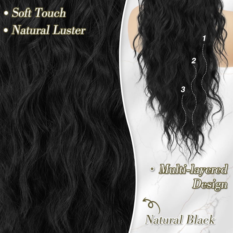 BARSDAR Black Ponytail Extensions - Drawstring Ponytails for Women 26 Inch Long Wavy Pony Tails Hair Extensions, Synthetic Clip in Pony Tails Hairpieces Fake Ponytails - Black - Image 3