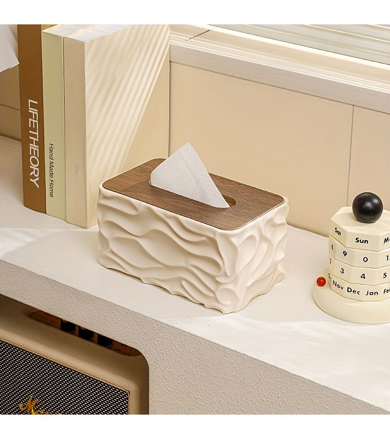 Grey Nordic Minimalist Tissue Box with Wood Grain Lid Arched Napkin Dispenser - Image 4