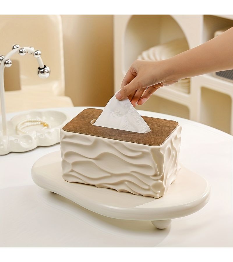 Grey Nordic Minimalist Tissue Box with Wood Grain Lid Arched Napkin Dispenser - Image 5