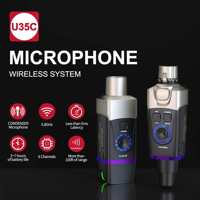 Xvive U35C XLR Plug-on Wireless System for Condenser Microphone with 48V/12V Phantom Power (5.8GHz) - Image 2