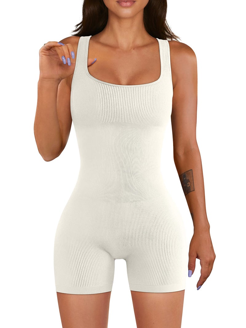 YIOIOIO Women Yoga Romper Workout Ribbed Square Neck One Piece Seamless Tank Top Jumpsuit - Image 1