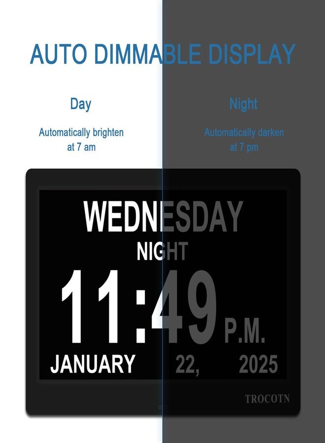 TROCOTN Dementia Clocks, Large Display Calendar Alarm Clock with Auto DST for Seniors, 5 Display Modes Large Font Digital Clock with Custom Alarms Day Date Clocks. (10 Inch Black) - Image 5