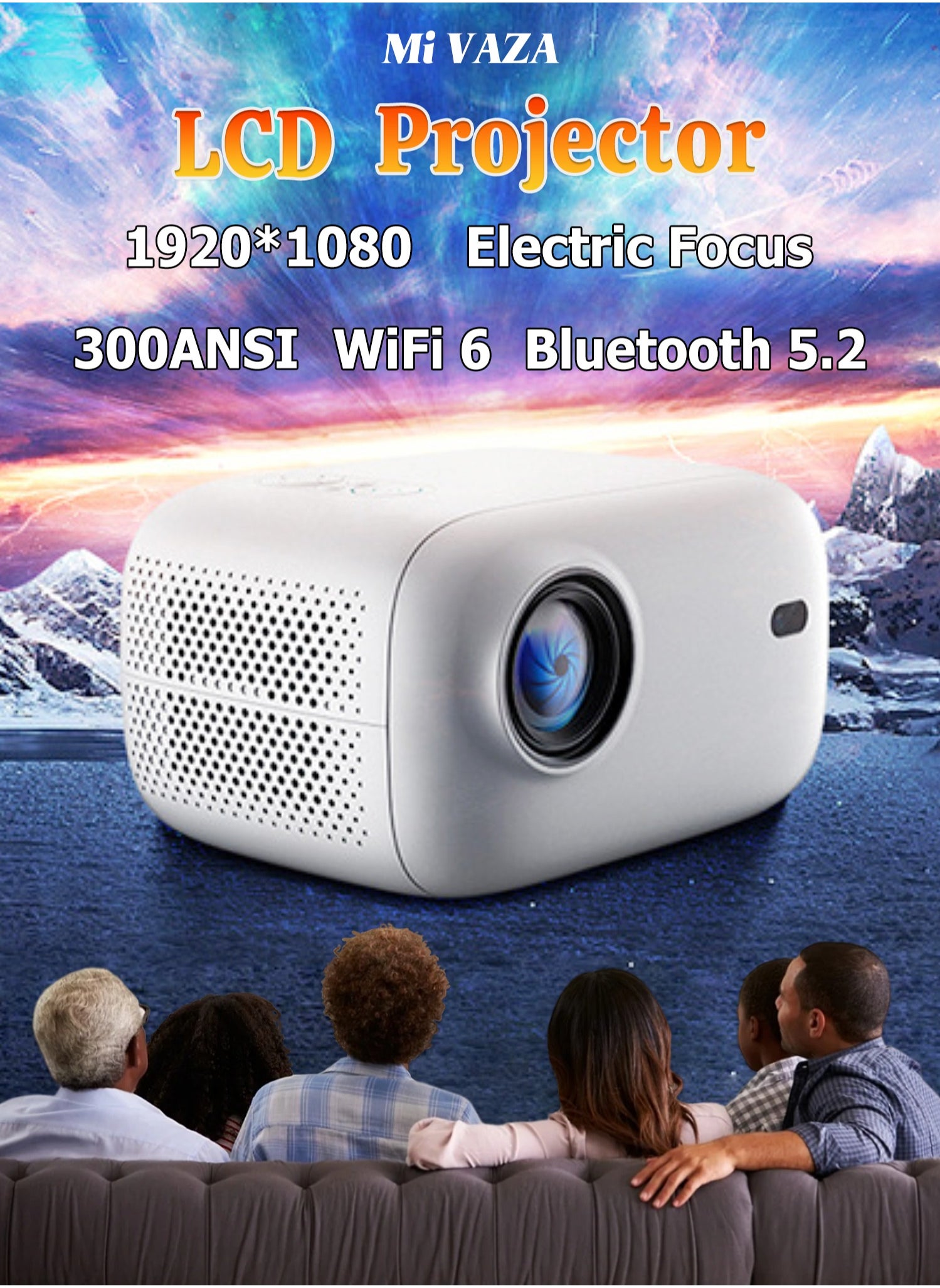 Mi VAZA LCD Projector - Support HD 1080P/4K - 300ANSI Lumen - Smart Projector with Wifi 6 and Bluetooth 5.2 - Electric Focus - Android 11 - Portable Mobile Home Theater - Suitable for Games, Office, Movies 