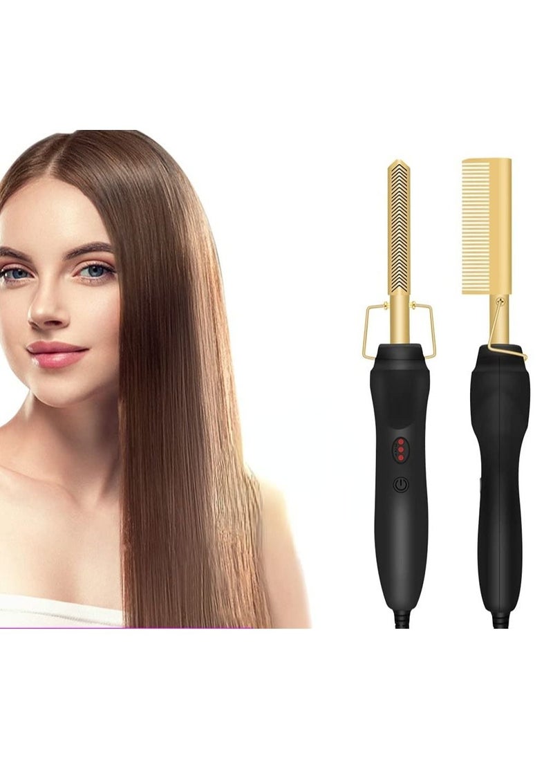 Generic - Hot Comb Hair Straightener, 2 in1 Ceramic Comb Security Portable Curling Iron Heated Brush, Multifunctional Copper Hair Straightener Brush Straightening Comb for Wet & Dry Hair Wigs Women Men Brush - Image 1