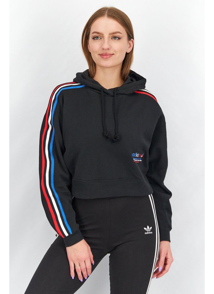 adidas Originals Women Sportswear Fit Long Sleeves Tri-Color Hooded Crop Sweatshirt, Black  - Image 1