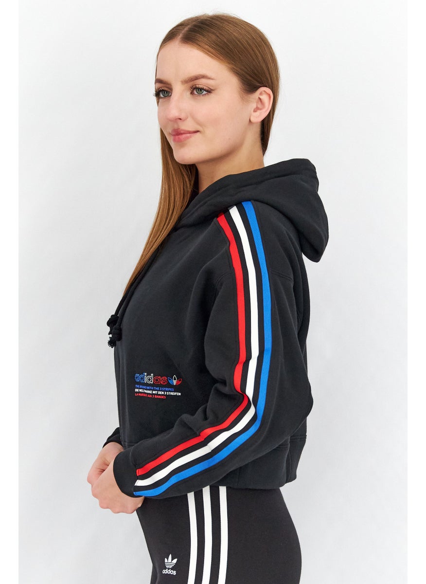 adidas Originals Women Sportswear Fit Long Sleeves Tri-Color Hooded Crop Sweatshirt, Black  - Image 2