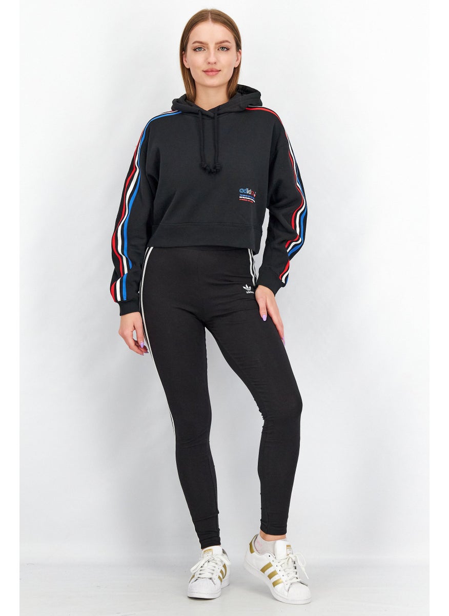 adidas Originals Women Sportswear Fit Long Sleeves Tri-Color Hooded Crop Sweatshirt, Black  - Image 3