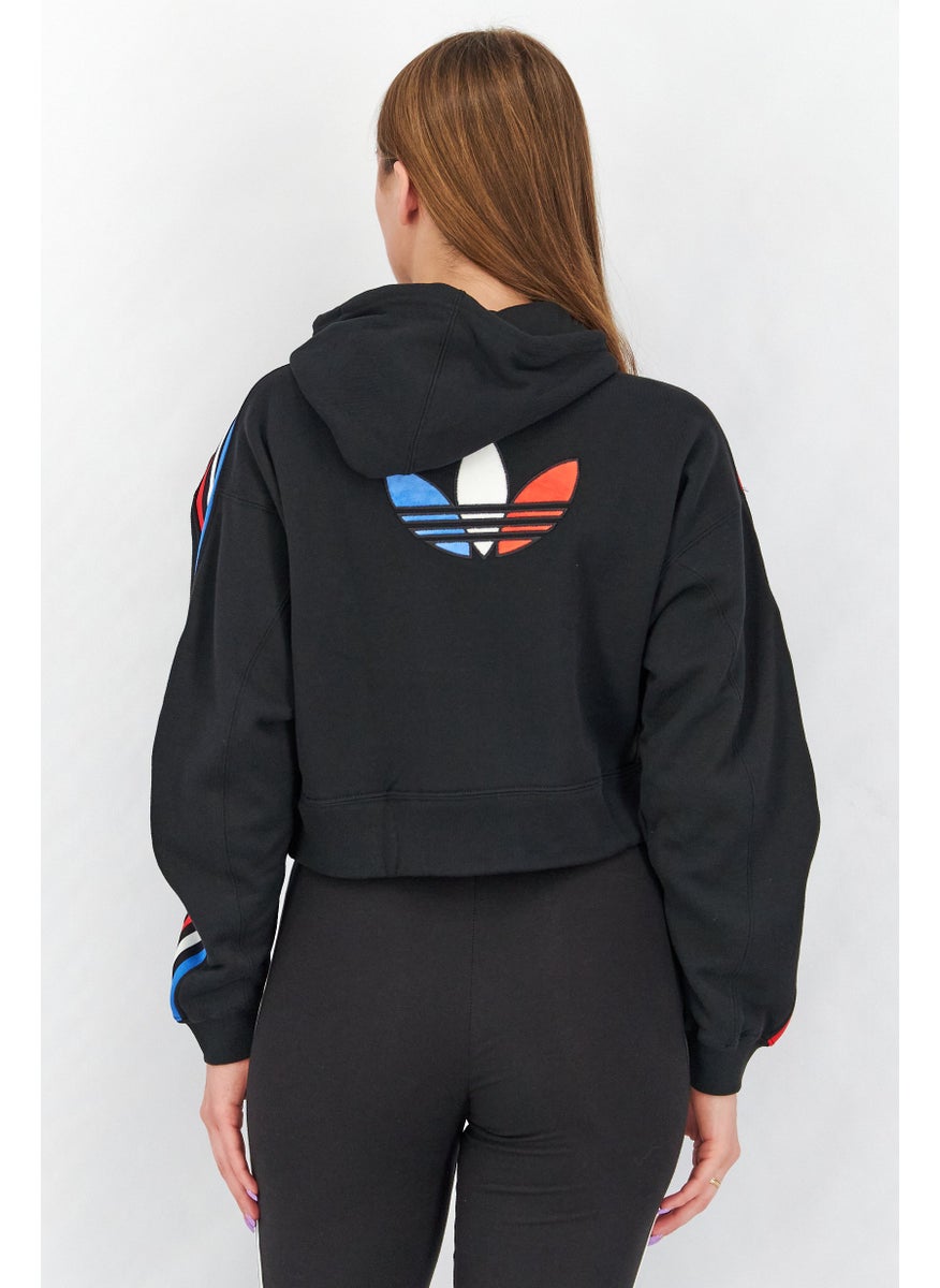 adidas Originals Women Sportswear Fit Long Sleeves Tri-Color Hooded Crop Sweatshirt, Black  - Image 4