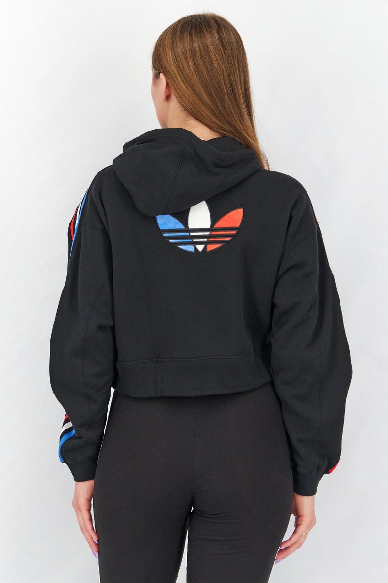 adidas Originals Women Sportswear Fit Long Sleeves Tri-Color Hooded Crop Sweatshirt, Black - Image 4