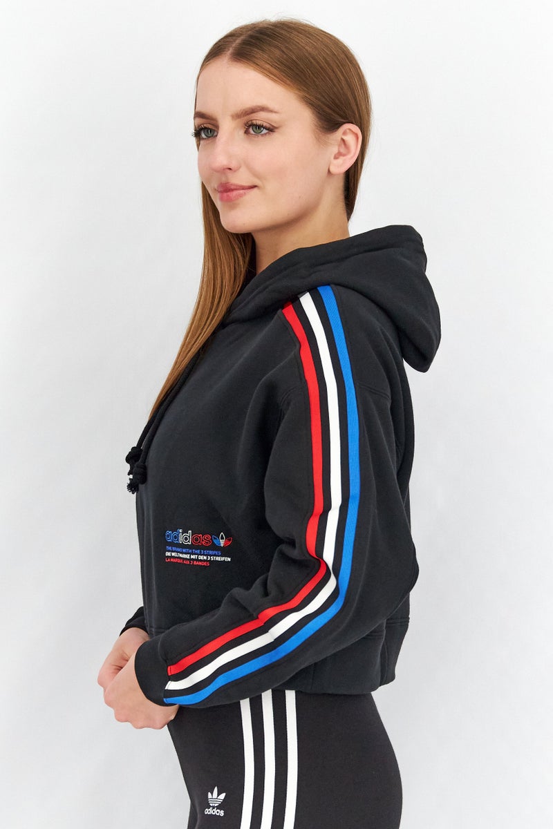 adidas Originals Women Sportswear Fit Long Sleeves Tri-Color Hooded Crop Sweatshirt, Black - Image 2