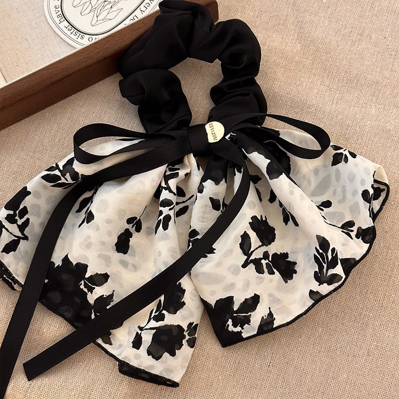 Generic 2023 Retro Print Bow Hair Tie Elegant Ribbon 3# White background black flower ribbon skirt hair ring