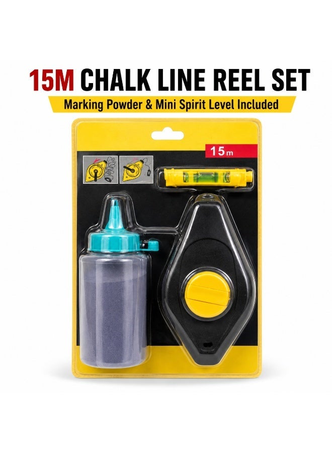 Stark 15M Chalk Line Reel Set with Blue Chalk Powder & Mini Spirit Level, Precision Snap Line Marking Tool for Carpentry, Construction, Woodworking, Masonry & DIY Layout - Image 1