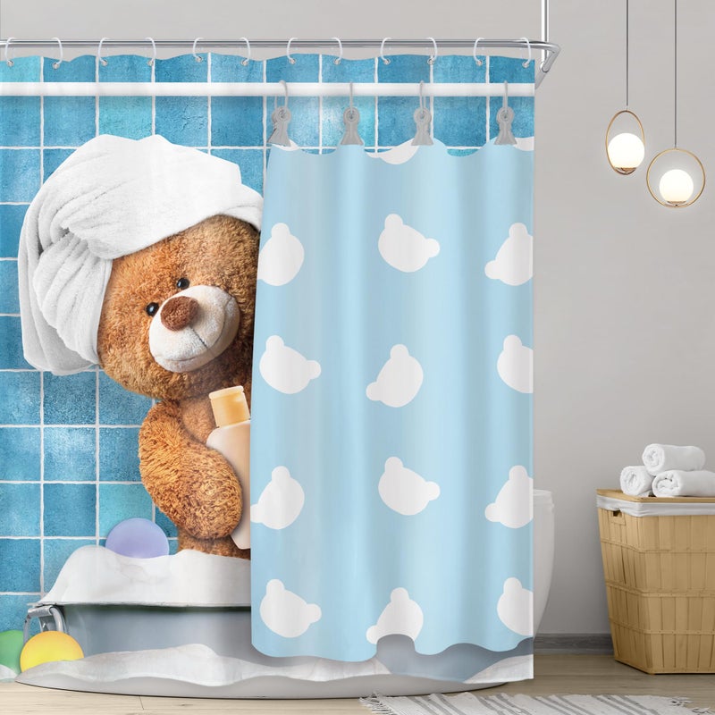 Riyidecor Funny Bear Shower Curtain 60Wx72H Inch Kids Cute Cartoon Blue Bathing Animal in Bathtub Bubbles Lovely Modern for Boys Girls Bathroom Decor Fabric Polyester Waterproof 12 Pack Hooks - Image 1