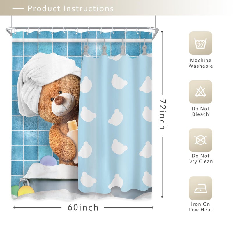 Riyidecor Funny Bear Shower Curtain 60Wx72H Inch Kids Cute Cartoon Blue Bathing Animal in Bathtub Bubbles Lovely Modern for Boys Girls Bathroom Decor Fabric Polyester Waterproof 12 Pack Hooks - Image 4