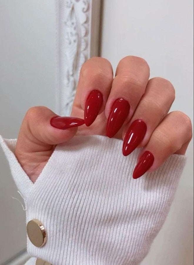 Aularso Glossy Press on Nails Red Long Stiletto Fake Nails Full Cover Pointed Sharp Acrylic False Nails for Women and Girls (Wine Red) - Image 1