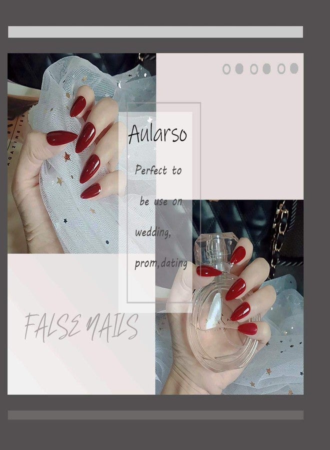 Aularso Glossy Press on Nails Red Long Stiletto Fake Nails Full Cover Pointed Sharp Acrylic False Nails for Women and Girls (Wine Red) - Image 3