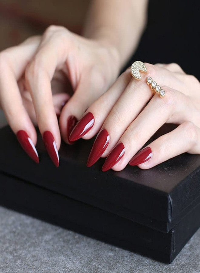 Aularso Glossy Press on Nails Red Long Stiletto Fake Nails Full Cover Pointed Sharp Acrylic False Nails for Women and Girls (Wine Red) - Image 4