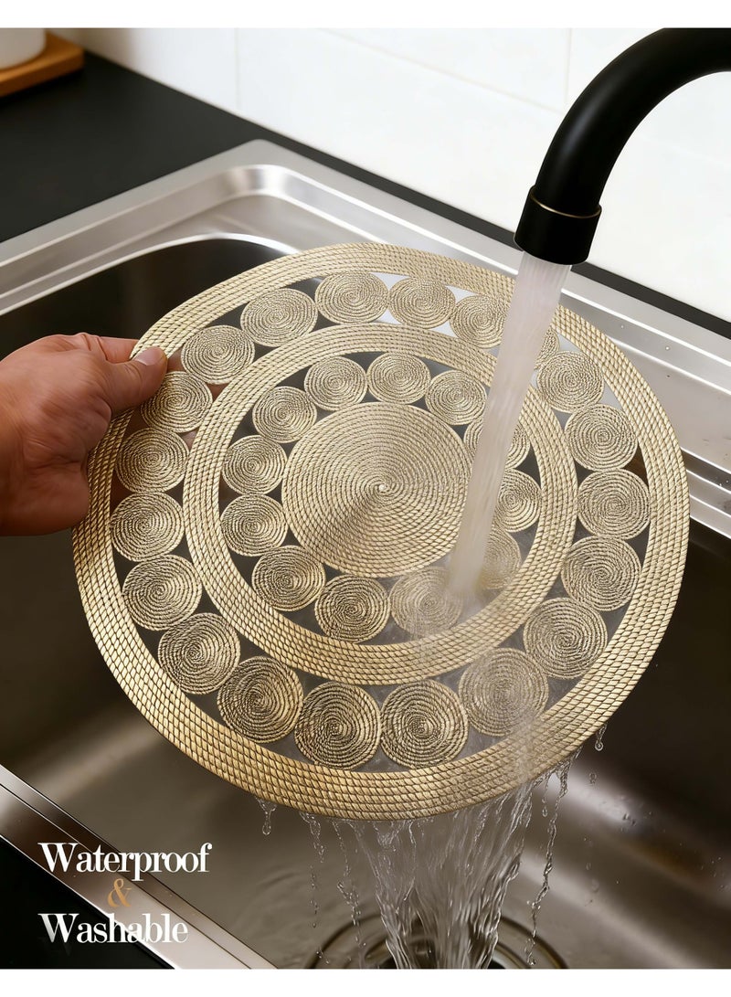 HomeNoor Round Metallic Gold Vinyl Placemats Set of 6, Luxury Hollow Out Woven-Look Texture Thick Dining Table Mats, Waterproof Washable Heat Resistant, 38 cm - Image 4