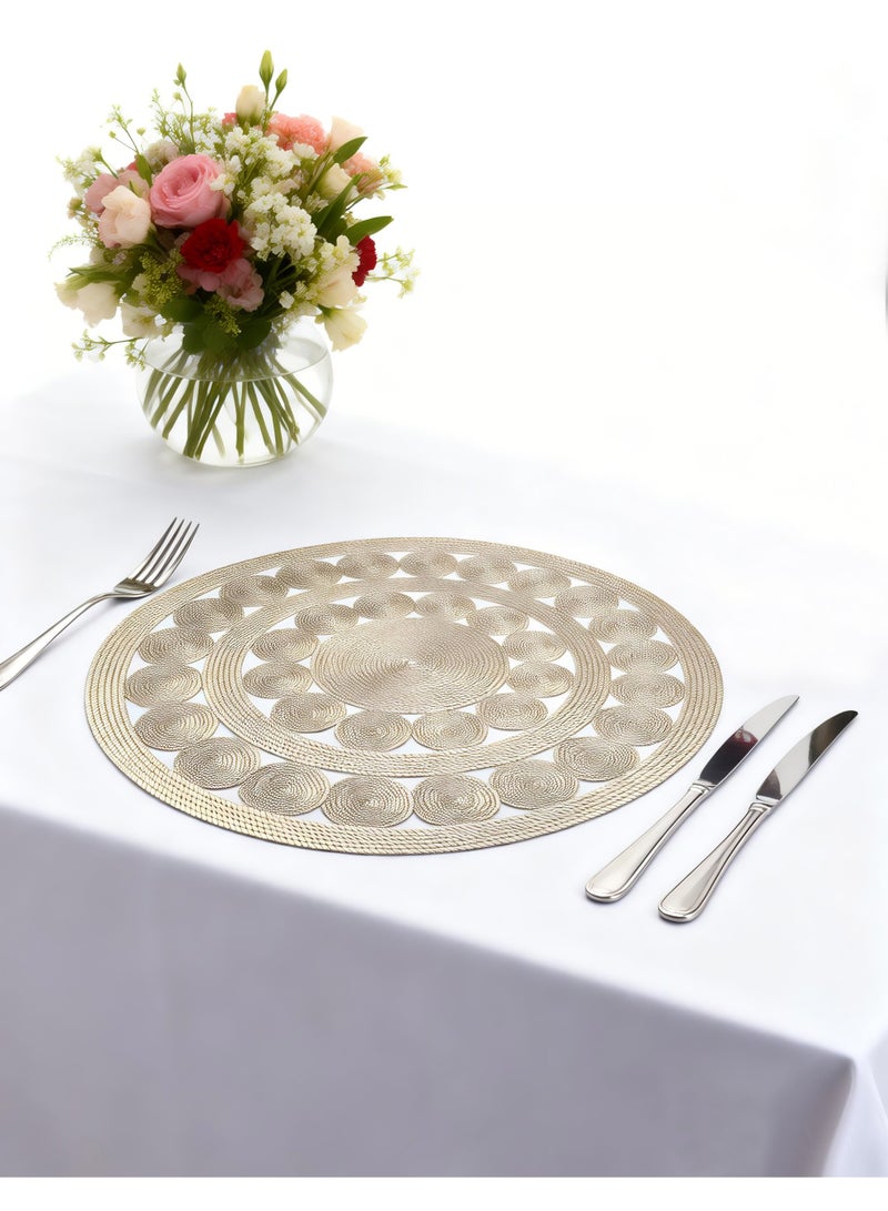 HomeNoor Round Metallic Gold Vinyl Placemats Set of 6, Luxury Hollow Out Woven-Look Texture Thick Dining Table Mats, Waterproof Washable Heat Resistant, 38 cm - Image 5