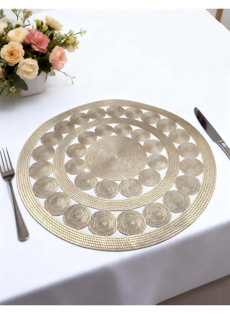HomeNoor Round Metallic Gold Vinyl Placemats Set of 6, Luxury Hollow Out Woven-Look Texture Thick Dining Table Mats, Waterproof Washable Heat Resistant, 38 cm - Image 1
