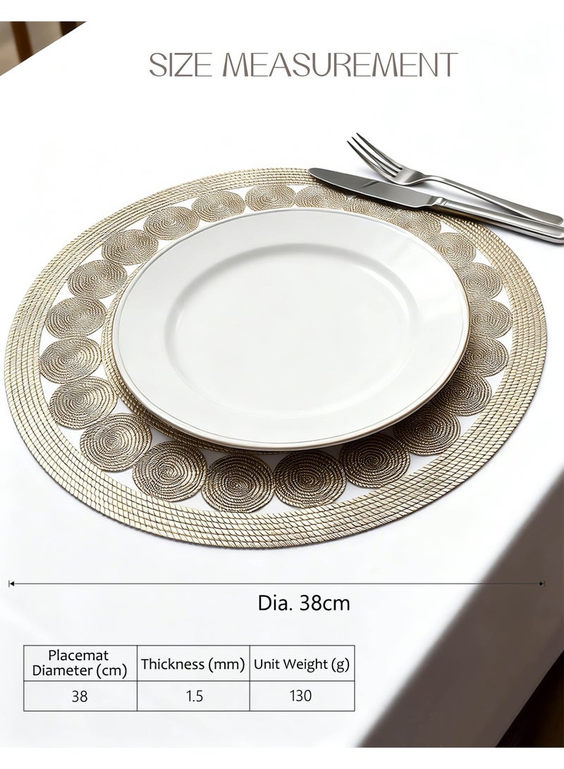 HomeNoor Round Metallic Gold Vinyl Placemats Set of 6, Luxury Hollow Out Woven-Look Texture Thick Dining Table Mats, Waterproof Washable Heat Resistant, 38 cm - Image 2
