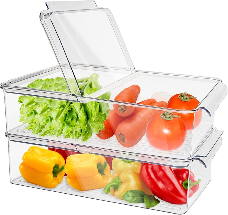 Eanpet 2Pack Stackable Fridge Organizer for Veggie Food Storage Containers with Folding Lids and Handles for Fruits Meat Berry Produce Saver Bins for Refrigerator Organization - Image 1