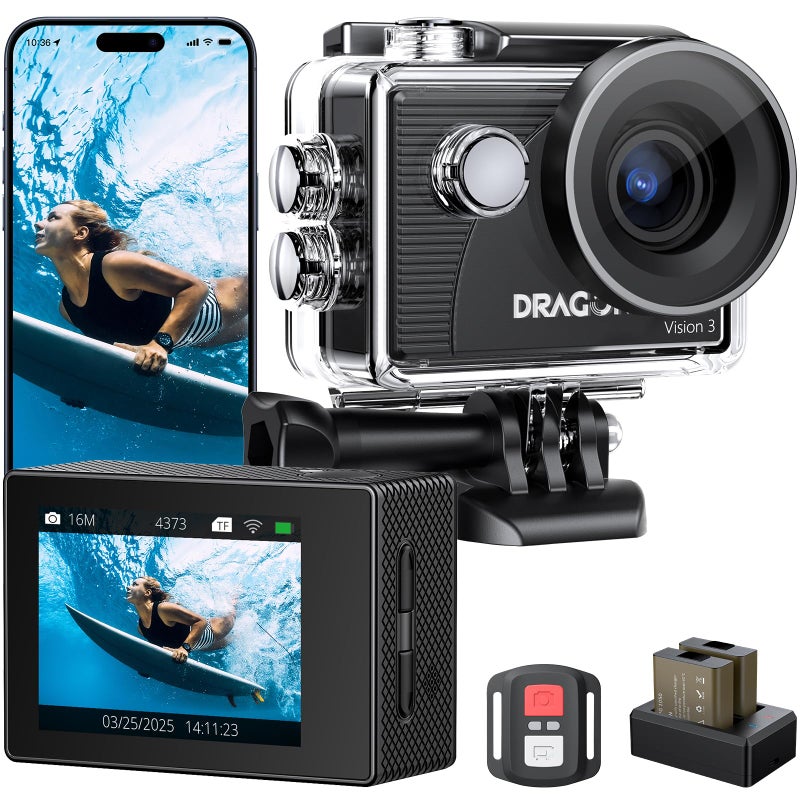 Dragon Touch 4K30FPS Action Camera Vision 3 20MP 100FT Underwater Camera 170 Wide Angle WiFi Sports Waterproof Cam with Remote 2 Batteries and Mounting Accessories Kit