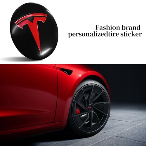 Knomix 4 Pack Aluminum Waterproof Wheel Cover Center Emblem Sticker for Tesla Model 3 Model Y 56mm Hubcaps Wheel Rim Cover (Matte Black Background+Red Emblem) - Image 4