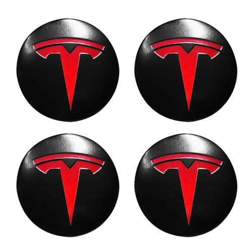 Knomix 4 Pack Aluminum Waterproof Wheel Cover Center Emblem Sticker for Tesla Model 3 Model Y 56mm Hubcaps Wheel Rim Cover (Matte Black Background+Red Emblem) - Image 1