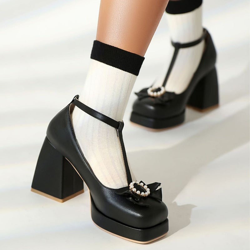 2024 Spring Fashion Square Bow 40-48 Super Plus Size Thick-Soled High-Heeled Shoes - Image 5