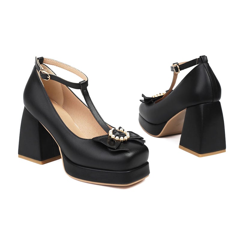 2024 Spring Fashion Square Bow 40-48 Super Plus Size Thick-Soled High-Heeled Shoes - Image 1