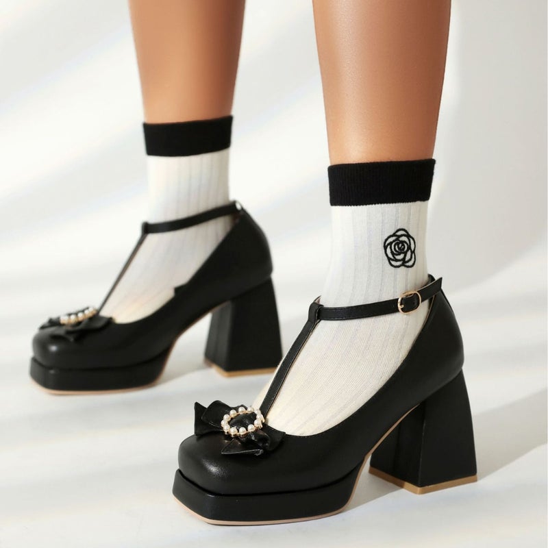 2024 Spring Fashion Square Bow 40-48 Super Plus Size Thick-Soled High-Heeled Shoes - Image 3