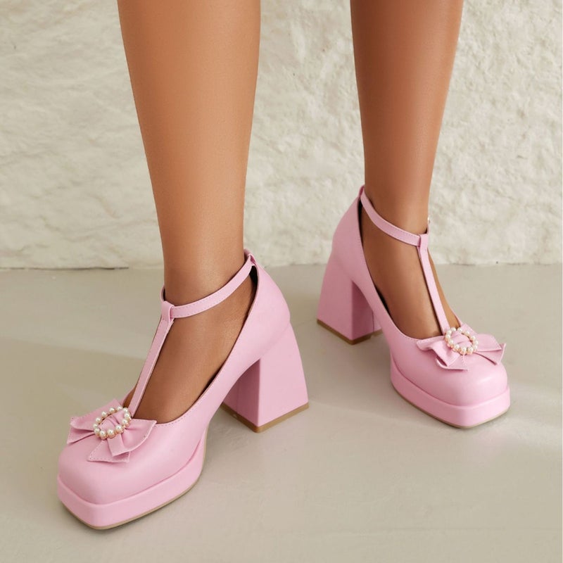 2024 Spring Fashion Square Bow 40-48 Super Plus Size Thick-Soled High-Heeled Shoes - Image 4