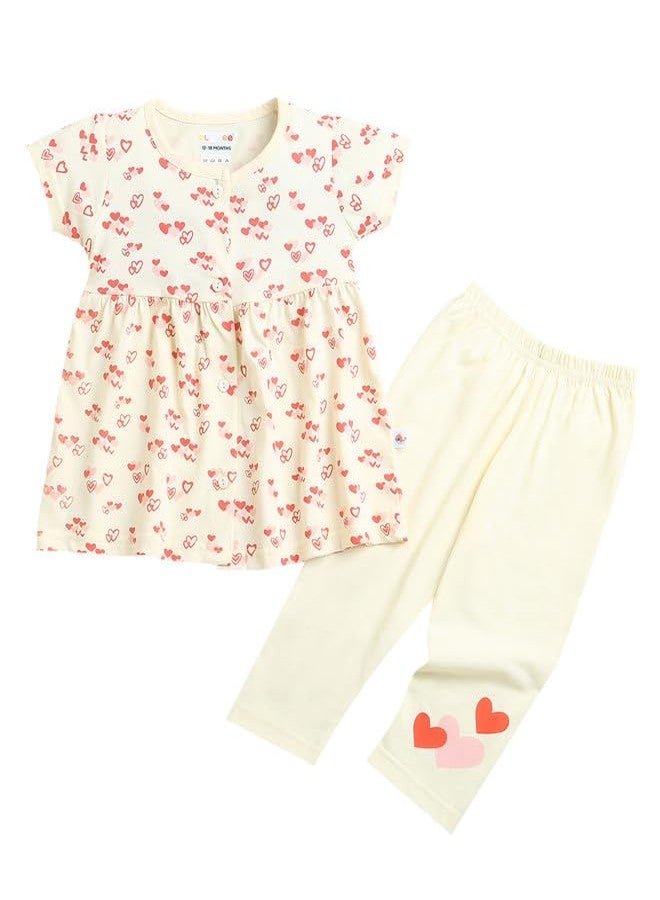 BUMZEE طقم فستان وبنطال ضيق من القطن بأكمام قصيرة باللون الكريمي من بامزي، مناسب للفتيات من عمر 3 إلى 6 أشهر (Peb9615B-crm) - Image 1