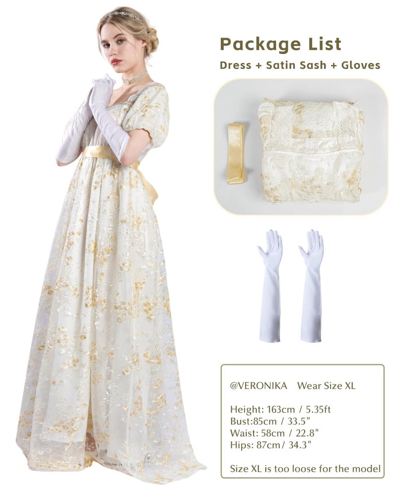 NSPSTT Golden Regency Dresses for Women Plus Size Victorian Ball Gown with Long White Gloves XL - Image 2