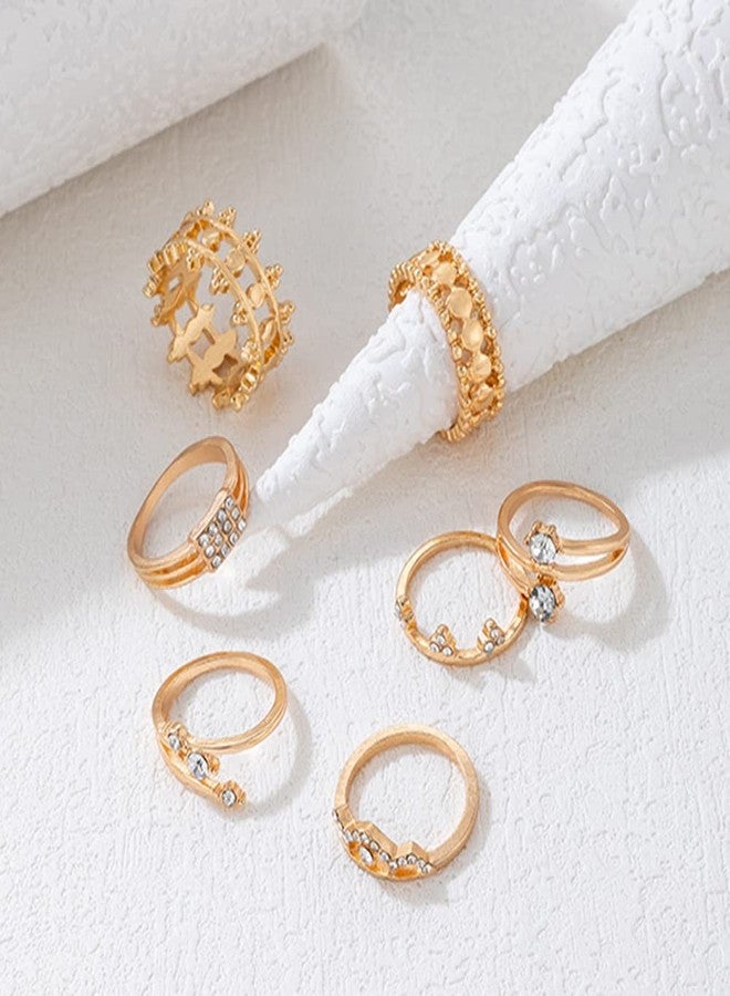 Chargances 7pcs Gold Bohemian Rhinestone Finger Rings for Women Vintage Crystal Crown Shape Knuckle Rings Set Fashion Mid Rings for Party Festival (Style 3) - Image 4