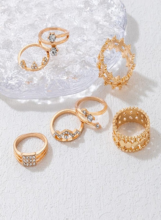 Chargances 7pcs Gold Bohemian Rhinestone Finger Rings for Women Vintage Crystal Crown Shape Knuckle Rings Set Fashion Mid Rings for Party Festival (Style 3) - Image 3