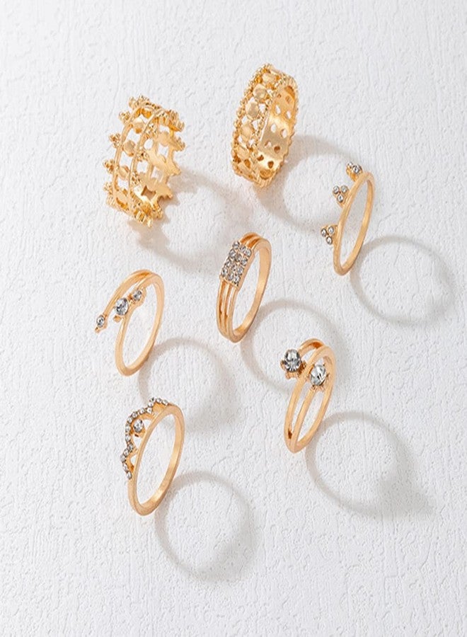 Chargances 7pcs Gold Bohemian Rhinestone Finger Rings for Women Vintage Crystal Crown Shape Knuckle Rings Set Fashion Mid Rings for Party Festival (Style 3) - Image 5